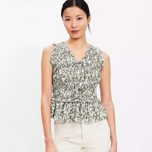 LOFT Olive Green Floral Sleeveless Ruffled Cotton Peplum Blouse